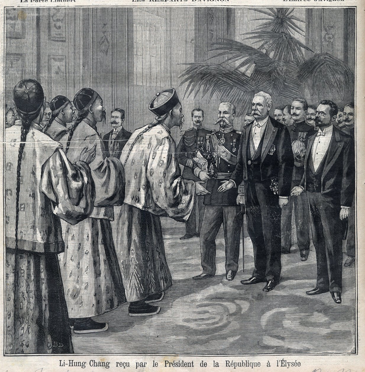 Li Hongzhangot Felix Faure (1841-1899) köztársasági elnök fogadta az Elysee-palotában. Metszet a „Le Petite Parisien”-ben” alkotó: Anonymous Anonymous