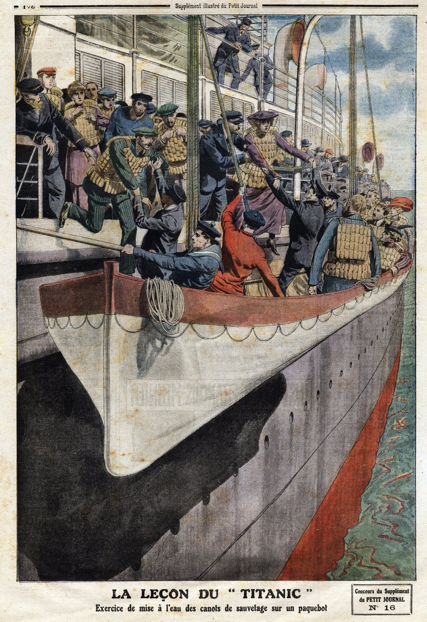 Mentőcsónak gyakorlat egy hajó fedélzetén, az RMS Titanic elsüllyedését követően, 1912. április 15-én, Illusztráció a Le petit Journal francia újságból, június 2. alkotó: Anonymous Anonymous