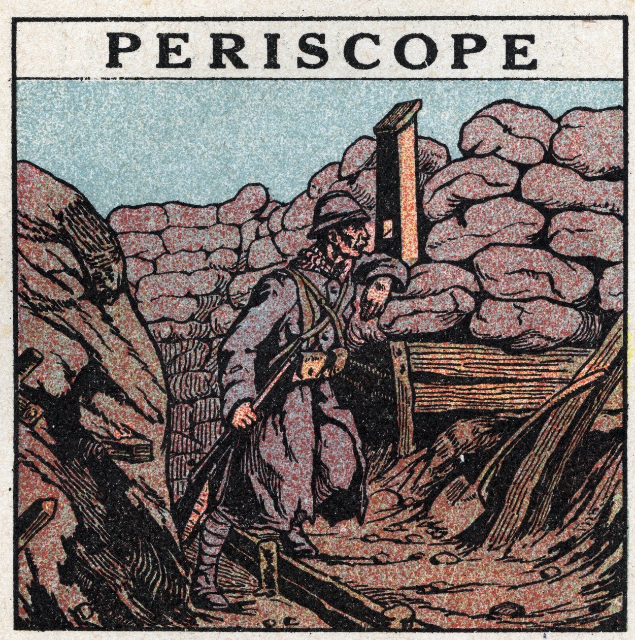 Fényreflexió: periszkóp, amelyet az első világháborúban (1914-1918) használt egy Hairy egy árokban. Névtelen illusztráció 1925-ből. Magángyűjtemény. alkotó: Anonymous Anonymous