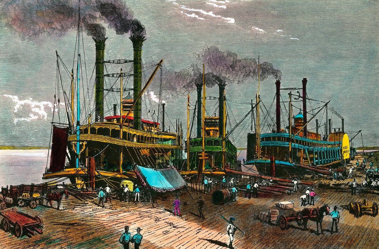 Gyapot betöltése gőzhajókra Mississippin New Orleansba (New Orleans). századi metszet. Magángyűjtemény alkotó: Anonymous Anonymous