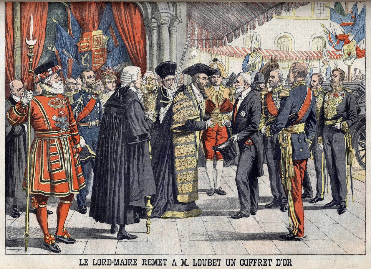 London, Nagy-Britannia. Sir Marcus Samuel egy aranydobozt ajándékoz Emile Loubet elnöknek a Guildhallban tartott fogadás után. Le petit Journal, 1903. július. alkotó: Anonymous Anonymous