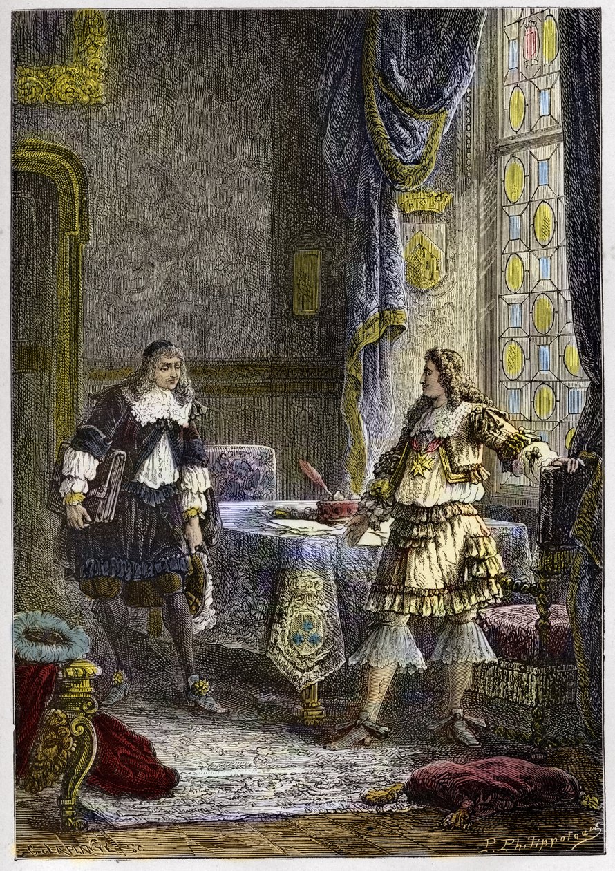 XIV. Lajos elbocsátja Nicolas Fouquet-t – XIV. Lajos felmenti Nicolas Fouquet pénzügyfelügyelőt – metszet a „L’histoire de France tellee a mes grandenfants” című könyvéből – Francois Guizot – 1872-1876 alkotó: Anonymous Anonymous
