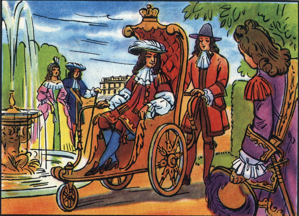 XIV. Lajos sétánya, a francia király XIV. Lajos (1638-1715) tolószéken ülve sétál a versailles-i parkban. Névtelen illusztráció a „Collection des souverains et chefs d