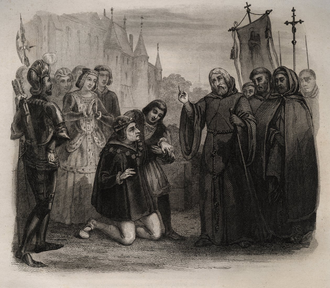 XI. Lajos (1423-1483) a „Szentek élete” című 1846-os metszet Francois de Paule-tól (1416-1507) kéri vezérét. Magángyűjtemény. alkotó: Anonymous Anonymous