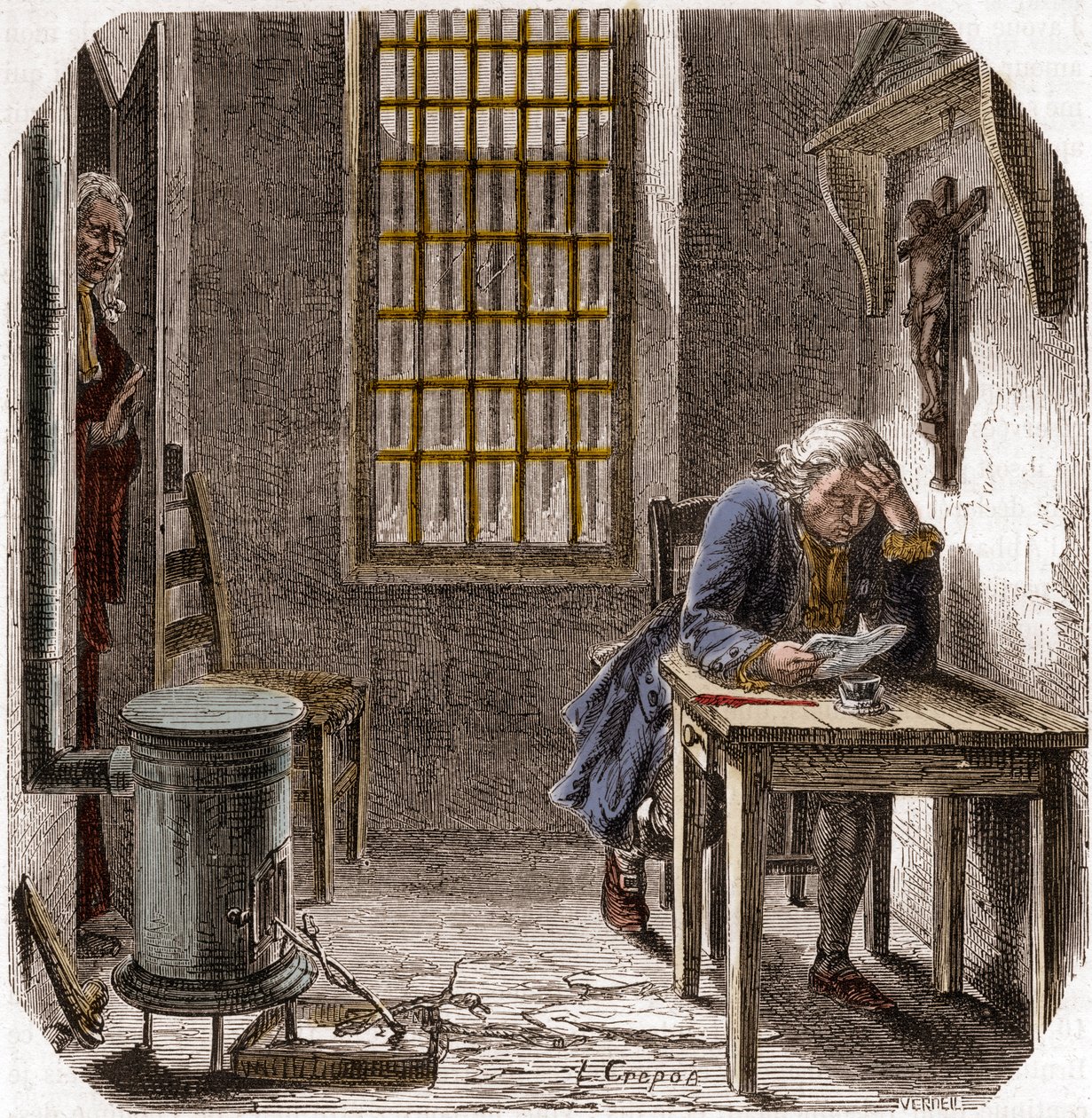 XVI. Lajos (1754-93) Utolsó végrendelete és testamentuma felolvasása a templomban 1792 - XVI. Lajos végrendeletét olvasta fel a templom tornyában 1792. december 25-én - Alphonse de Lamartine (1790-1869) metszet a „Histoire des Girondins”-ba 1865-1866 - Mag alkotó: Anonymous Anonymous