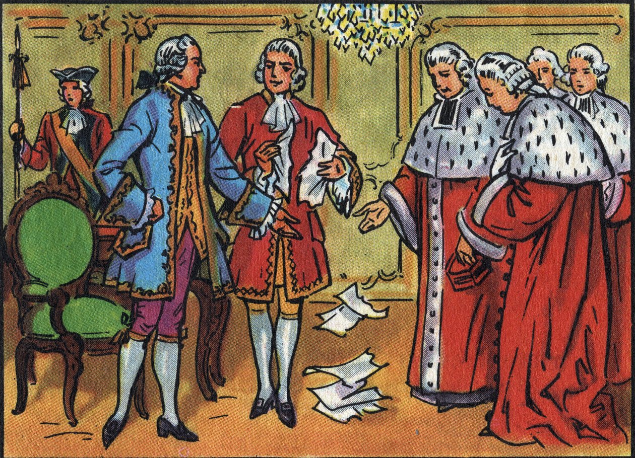 XV. Lajos (1710-1774), francia király megdönti a parlament döntéseit. Névtelen illusztráció a „Franciaország uralkodóinak és államfőinek gyűjteményében”. 20. század. Magángyűjtemény. alkotó: Anonymous Anonymous