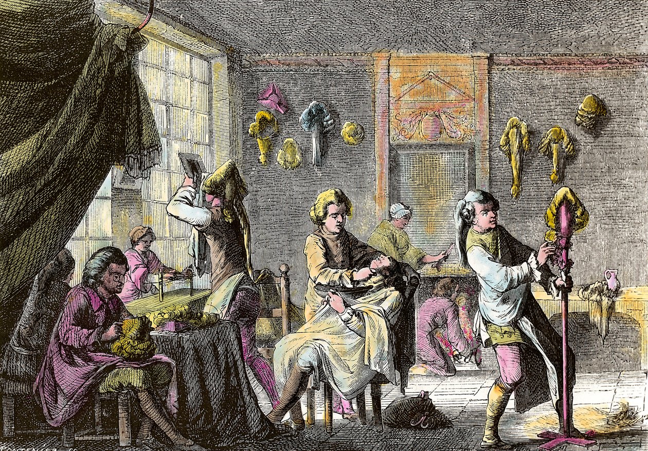 XV. Lajos divat: egy parókás fodrász belsejének képe. Metszet 1755 körül. Magángyűjtemény alkotó: Anonymous Anonymous