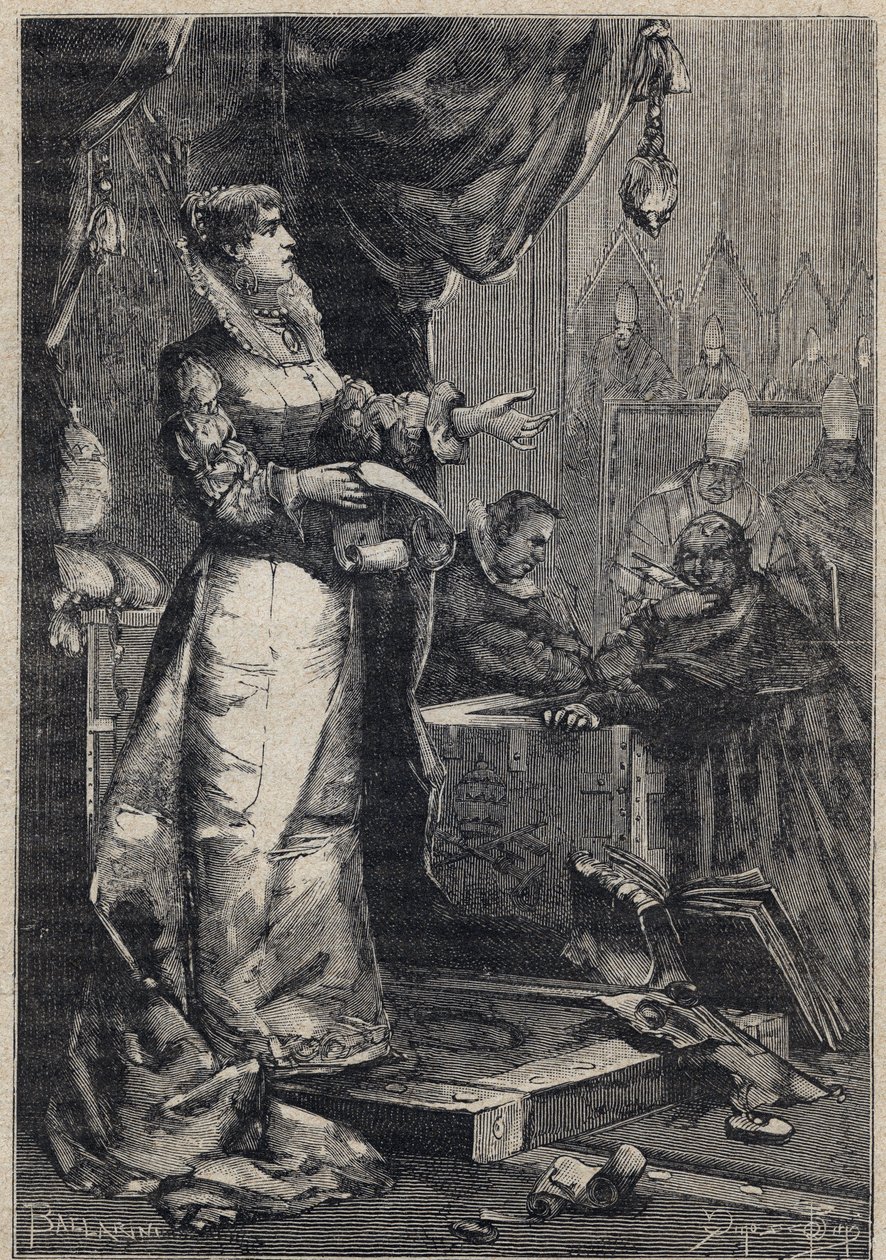 Lucrezia Borgia a Vatikánban – metszet Oscar Pio „Lucrezia Borgia” című művéből – 1883 alkotó: Anonymous Anonymous