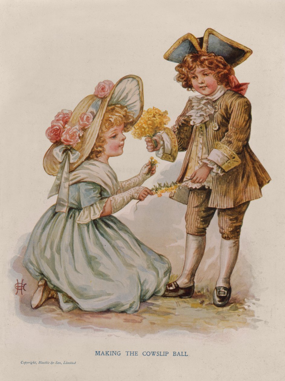 Cowslip Ball készítése, könyvillusztráció, 20. század eleje (színes litográfia) alkotó: Anonymous Anonymous