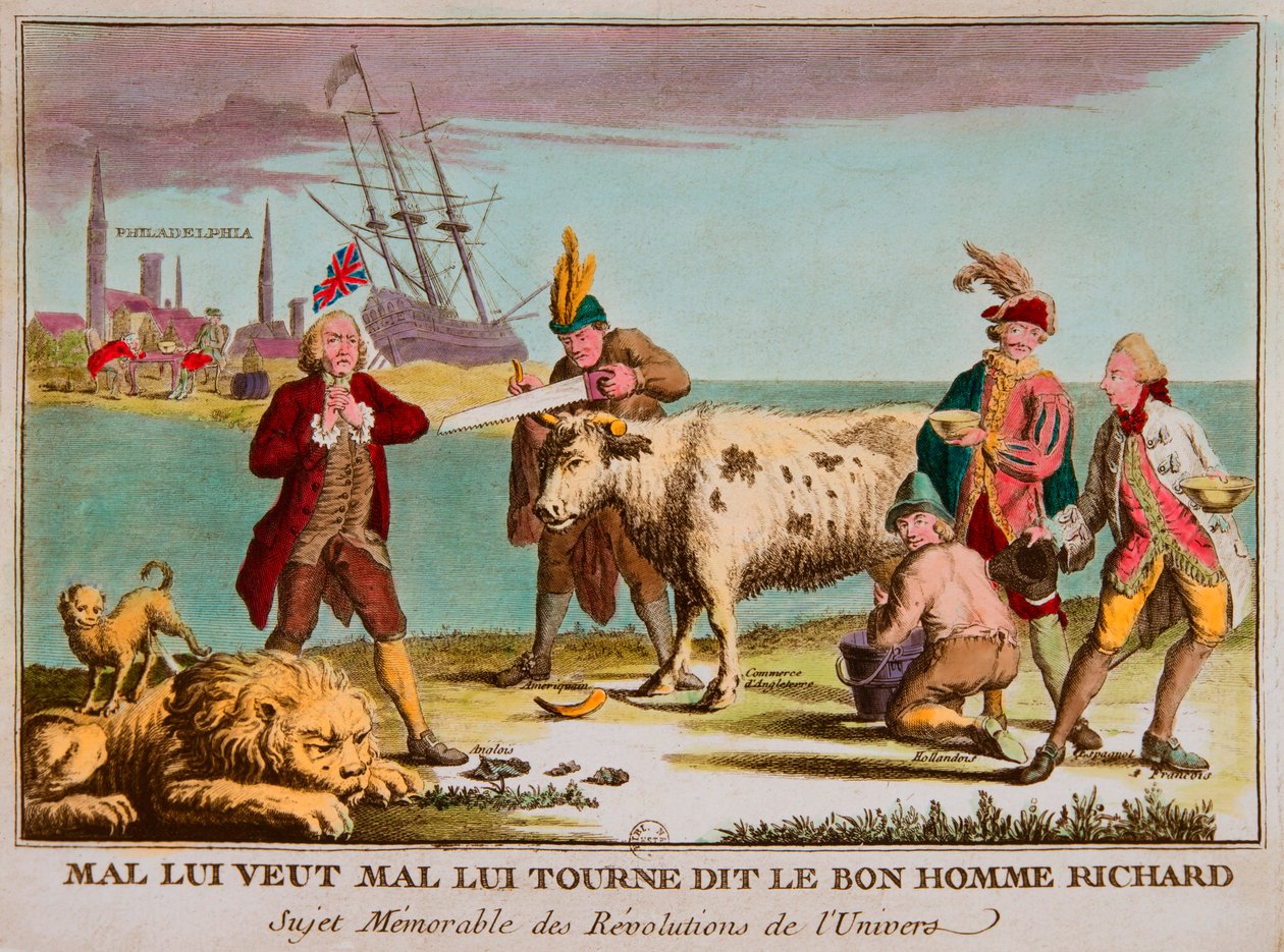 Mal azt akarja, hogy tévedjen, mondta a jó ember, richard. Emlékezetes alanya a világegyetem forradalmainak. Karikatúra Anglia ellen. 1780, Privee Collection (A brit kereskedelem tejelő tehénként. A képek között szerepel: Nagy-Britannia, mint alvó oroszlán alkotó: Anonymous Anonymous