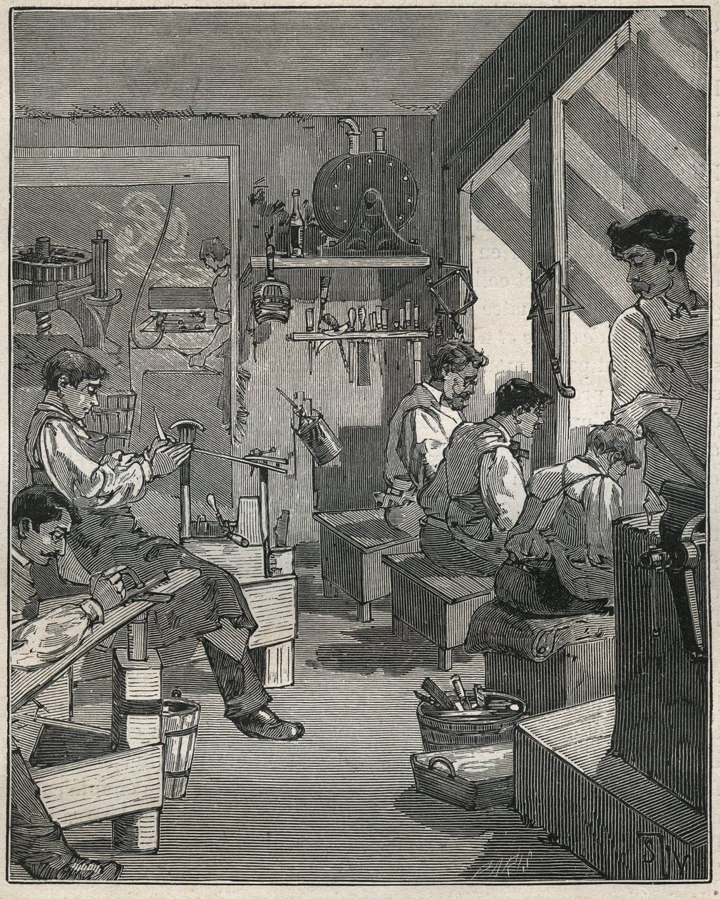 Fésűk gyártása egy franciaországi műhelyben a XIX. Metszet 1885-ből Adolphe BITARD „Les arts et metiers illustres” című könyvében. alkotó: Anonymous Anonymous