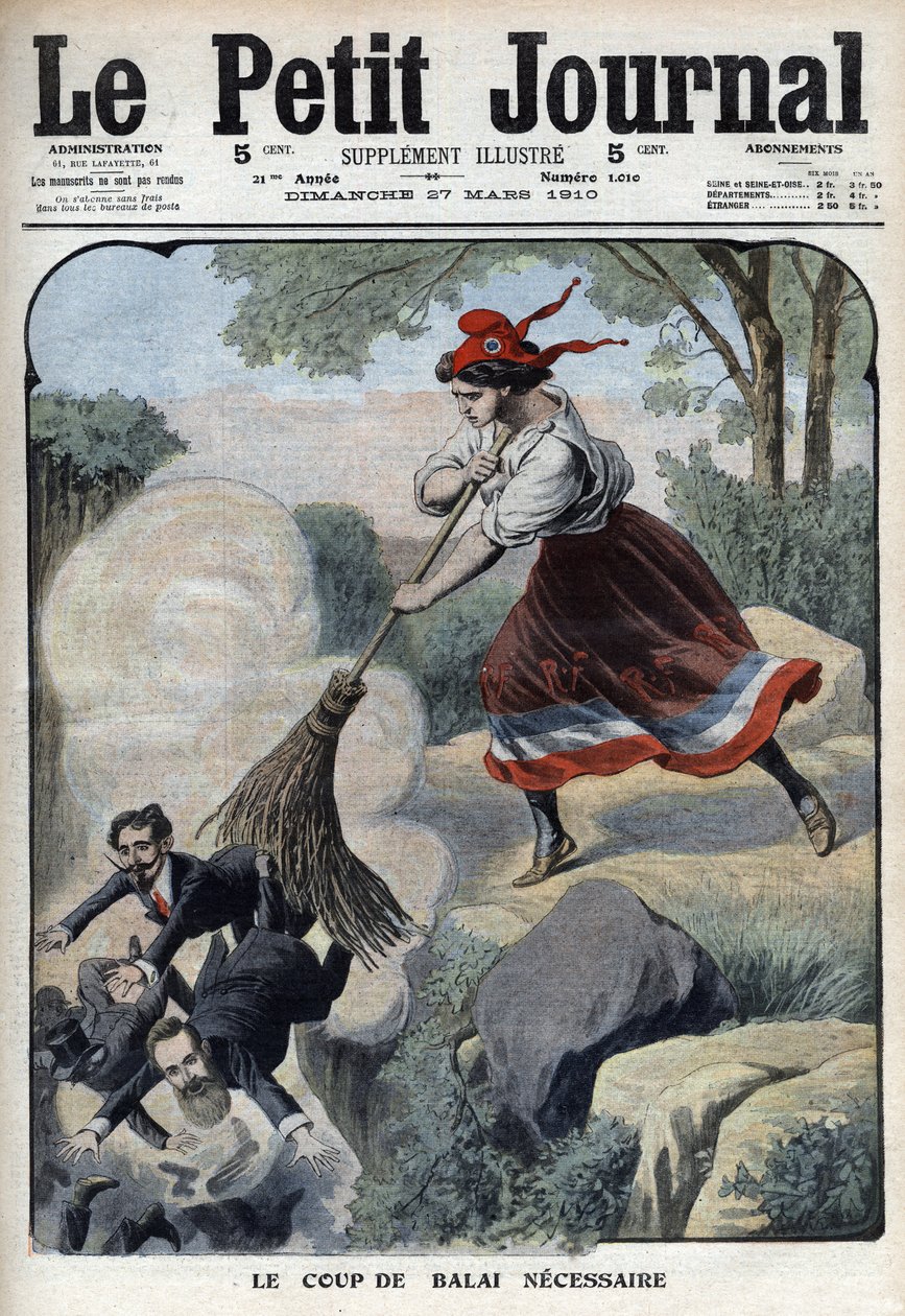 Marianne megadja a szükséges seprűt a likvidátorok, trafikosok és énekesek ellen (Marianne és a 3. köztársaság botrányai) – 1910. március 27-i „Le petit Journal”” alkotó: Anonymous Anonymous