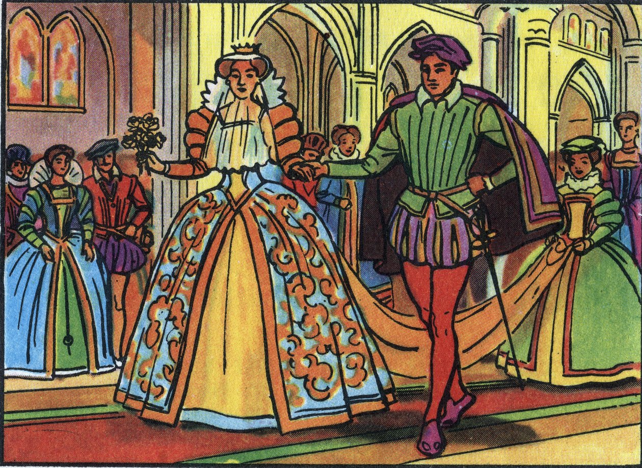 Marie Iere Stuart (1542-1587) és II. Francois (1544-1560) házassága 1558-ban. Névtelen illusztráció a „Franciaország uralkodóinak és államfőinek gyűjteményében”. 20. század. Magángyűjtemény. alkotó: Anonymous Anonymous