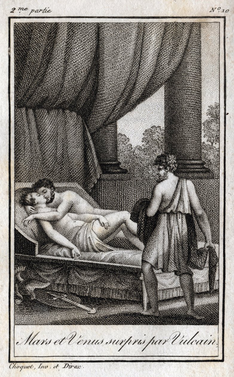 A Marsot és a Vénuszt a Vulkán fedezte fel. "A Marsot és a Vénuszt a Vulkán fedezte fel". Metszet 1819-ből Charles Albert Demoustier (1760-1801) „Lettres a Emilie sur la mythologie” című művében. Magángyűjtemény. alkotó: Anonymous Anonymous