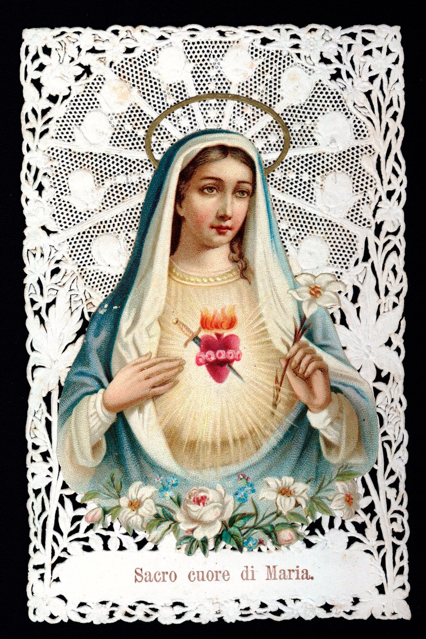 Mater dolorosa Szent szív. Jámbor kép. A kromolitográfiának van decoupage és dentage. Debütáló 20. századi magángyűjtemény alkotó: Anonymous Anonymous