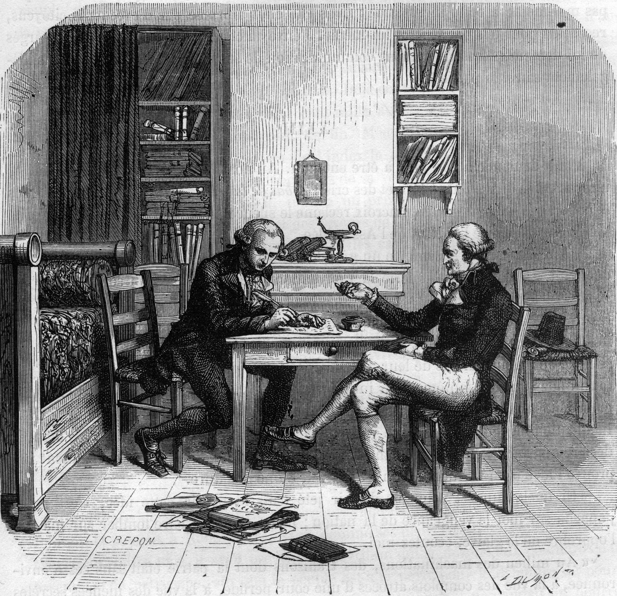 Maximilien de Robespierre 1758-1794, francia politikus, a Közbiztonsági Bizottság tagja Maurice Duplay-vel a szobájában - Chambre de Maximilien de Robespierre chez Maurice Duplay (1736-1820) rue Saint-Honore a Paris - Metszet a „Histoire des Gi”-ben alkotó: Anonymous Anonymous
