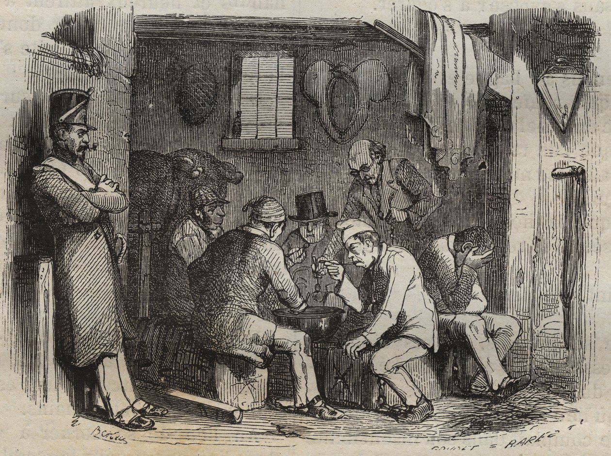 Az elítéltek étkezése a Rochefort börtönben a XIX. Pierre Zaccone (1817-1895) (Colonia Penale - Büntetőtelep) metszet az „Elítéltek története a megalkotásuktól napjainkig” című könyvébe (1877). Magángyűjtemény. alkotó: Anonymous Anonymous
