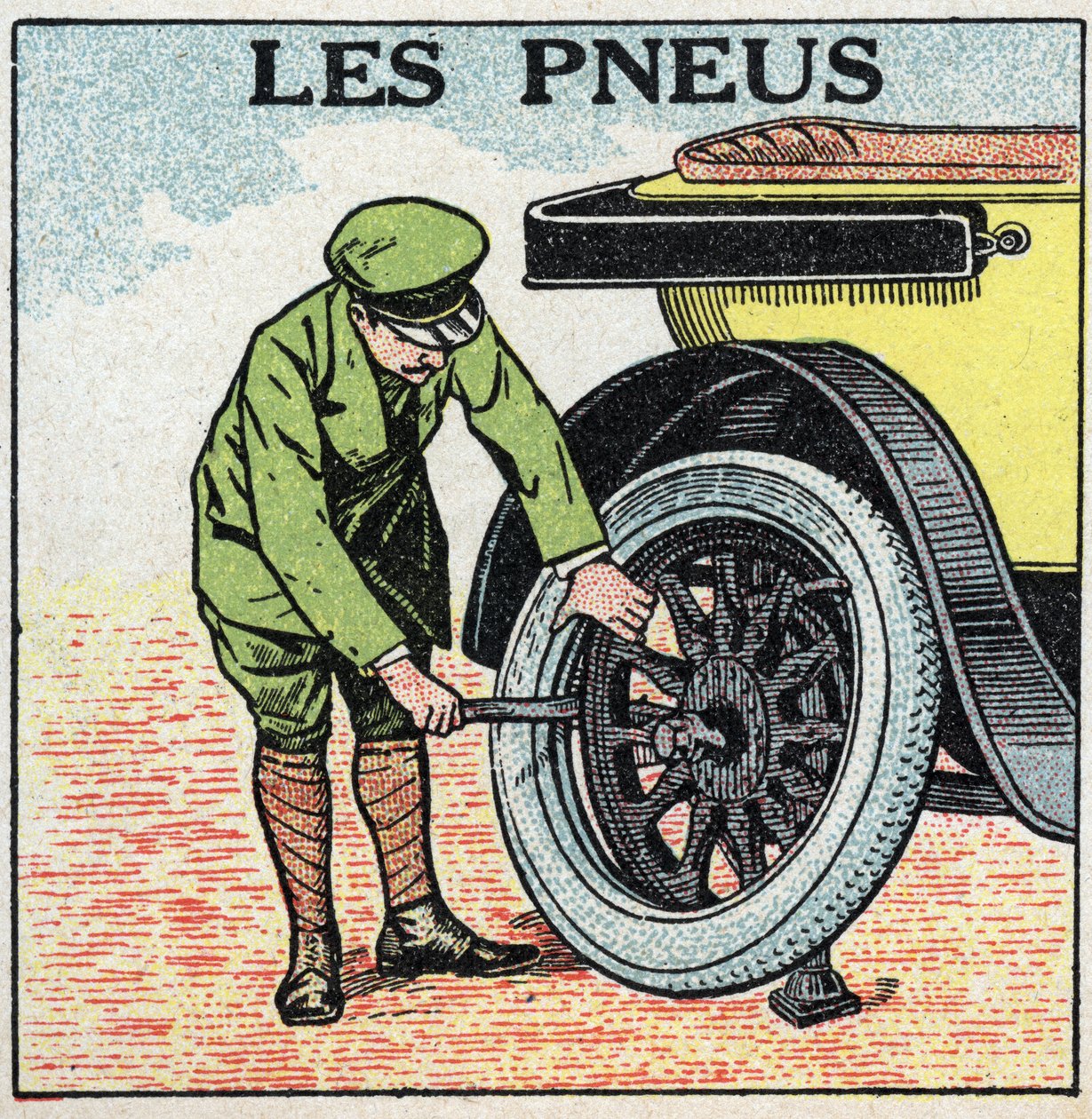 Mechanikus vonóerő: egy személygépkocsi abroncsai. Névtelen illusztráció 1925-ből. Magángyűjtemény. alkotó: Anonymous Anonymous