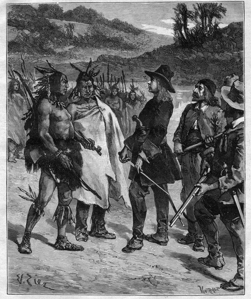 Robert Cavelier de La Salle (1643-1687) találkozása Amerika indiánjaival a Peoria-tó mellett, az 1889-es „Journal des voyages” című metszet. alkotó: Anonymous Anonymous