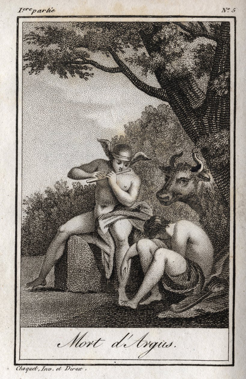 Merkúr és Argus (Mercury és Argus). Argus halála: Merkúr, akit a furulya játszik, hogy elaludja Arguszt, és kiszabadítsa a tehénné átalakult Io nimfát. Metszet 1819-ből Charles Albert Demoustier (1760-1801) „Lettres a Emilie sur la mythologie” című művében alkotó: Anonymous Anonymous