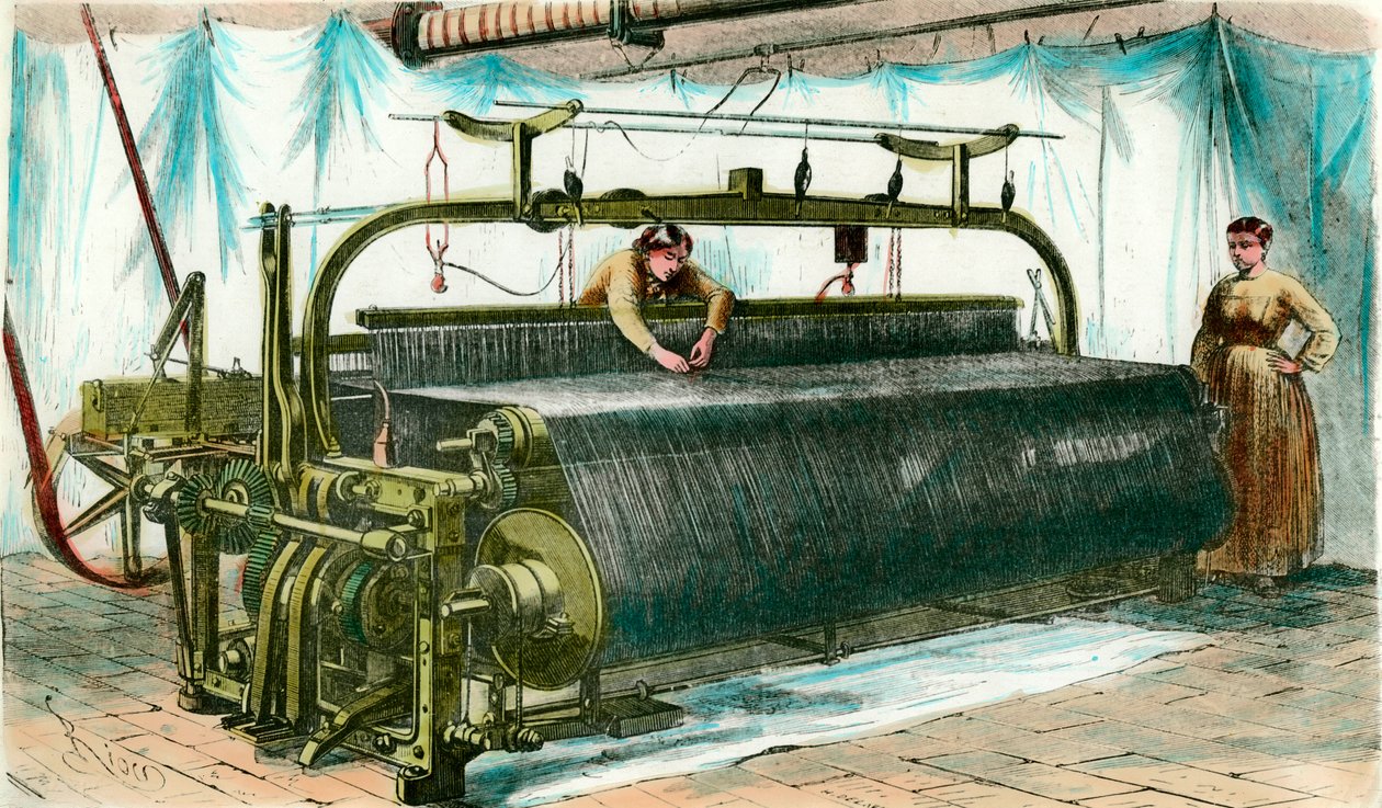 Metier mechanikus szövéshez egy nagy gyárban. Metszet 1860 körül. alkotó: Anonymous Anonymous