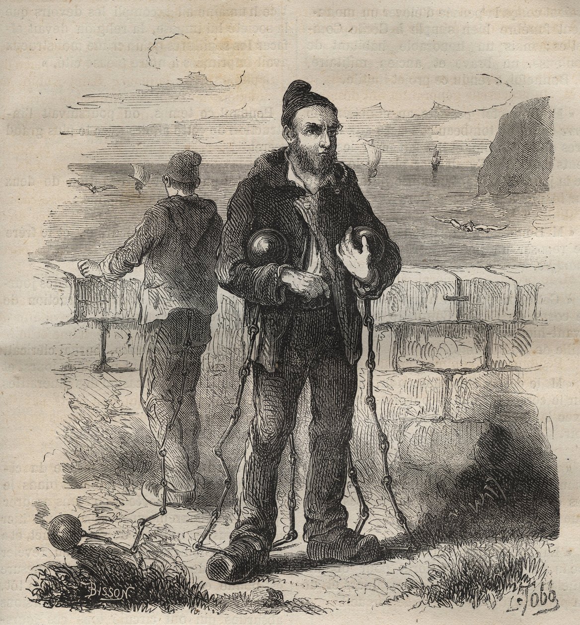 A 19. században a touloni börtönbe ítélt katona. Pierre Zaccone (1817-1895) (Colonia Penale - Büntetőtelep) metszet az „Elítéltek története a megalkotásuktól napjainkig” (1877). Magángyűjtemény. alkotó: Anonymous Anonymous
