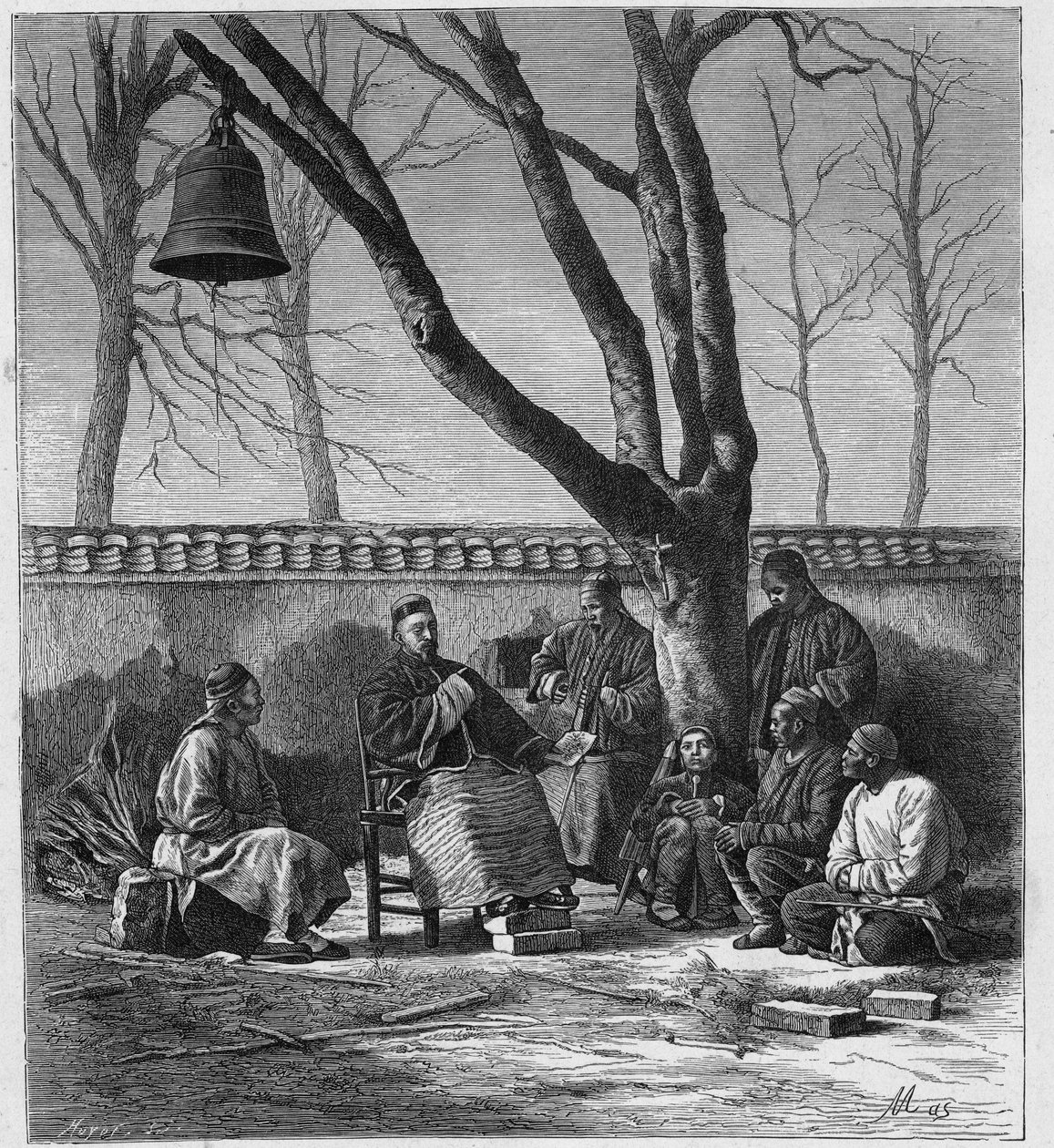 Katolikus tanok missziós tanítása Henan tartományban (Ho Nan, Ho-Nan), Kínában. Louis-Eugene (Louis Eugene) Louvet „Katholikus missziók a XIX. században” című metszetébe. magángyűjtemény. alkotó: Anonymous Anonymous