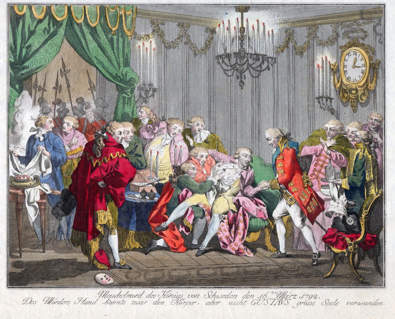 Mort de Gustave III de Suede (1746-1792) - III. Gusztáv király meggyilkolása 1792. március 16-án - Névtelen - 1792 - Rézkarc, akvarell - 33,5x46,3 - Magángyűjtemény alkotó: Anonymous Anonymous