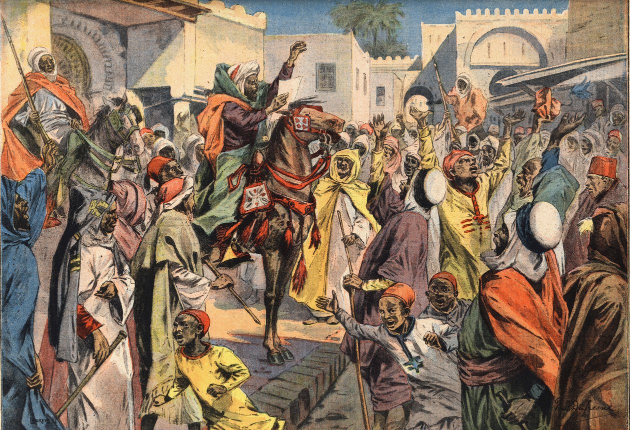 Mouley Hafid (Moulay-Hafid) kikiáltja a szultánt Feznek: a nyilvános kiáltók bejelentik a kiáltványt a tömegnek. Metszet a „Le Petite Parisien” újságból, 1908.01.26. Magángyűjtemény. alkotó: Anonymous Anonymous