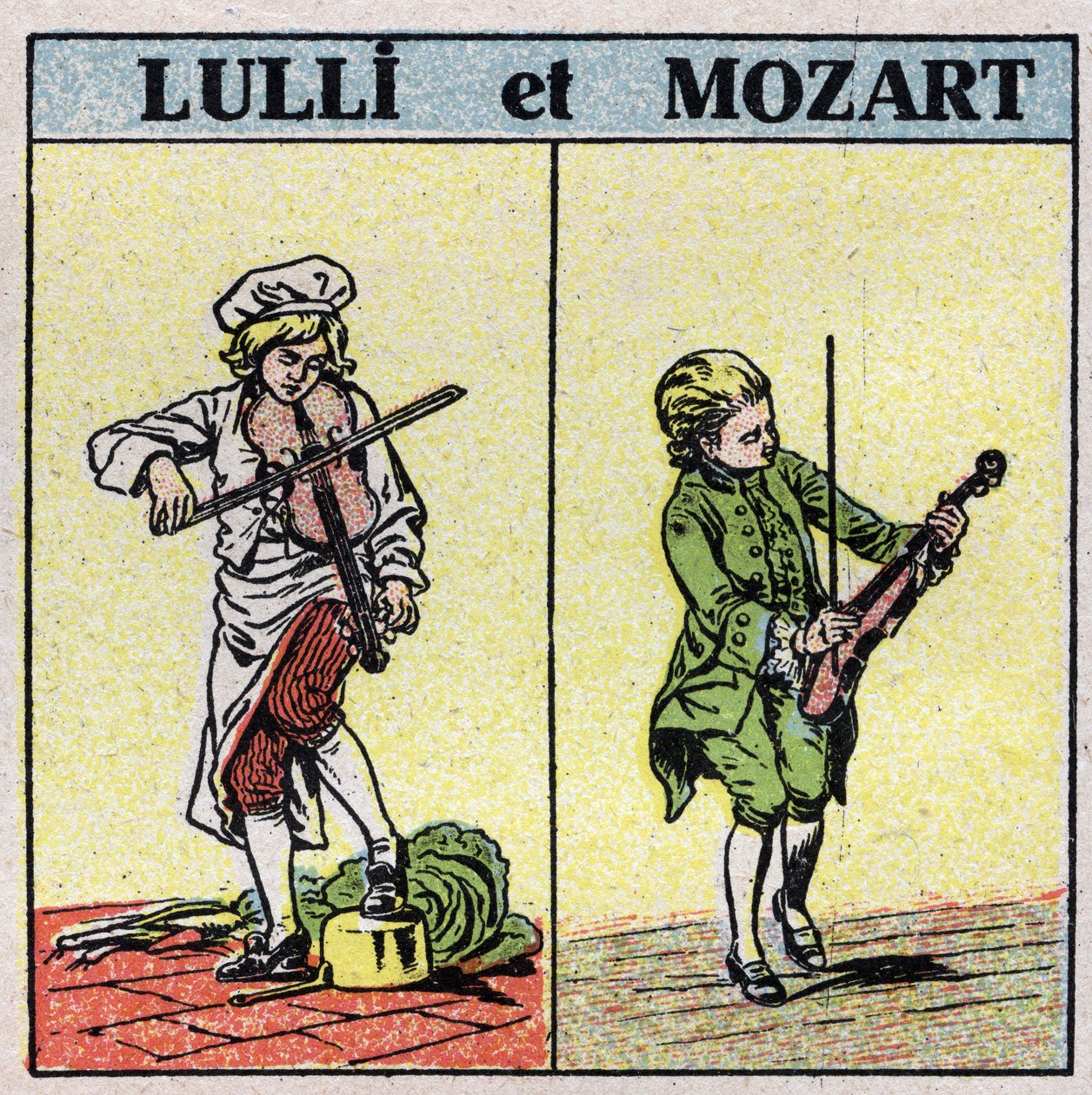 Hangszerek: dörzsölt vonós hangszerek. Jean Baptiste Lully (Giovanni Battista Lulli) (1632-1687) és Wolfang Amadeus Mozart (1756-1791) hegedül. Névtelen illusztráció 1925-ből. Magángyűjtemény. alkotó: Anonymous Anonymous