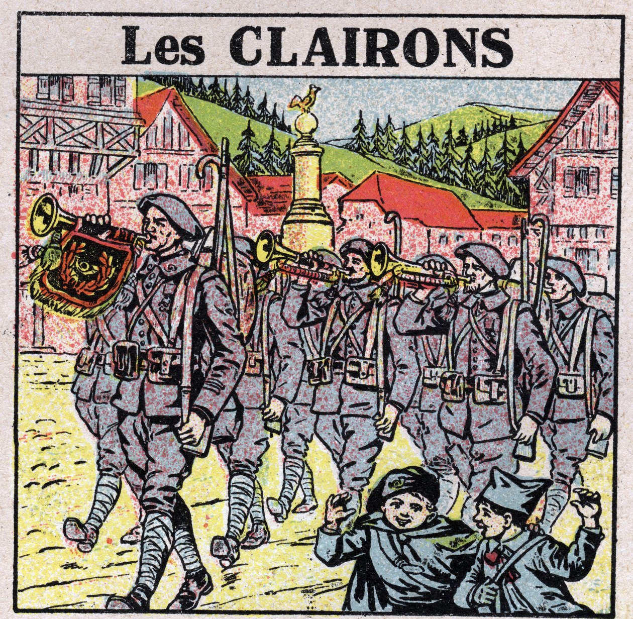 Hangszerek: tégelyszájú fúvós hangszerek. Bugle játékosok katonai futás közben. Névtelen illusztráció 1925-ből. Magángyűjtemény. alkotó: Anonymous Anonymous