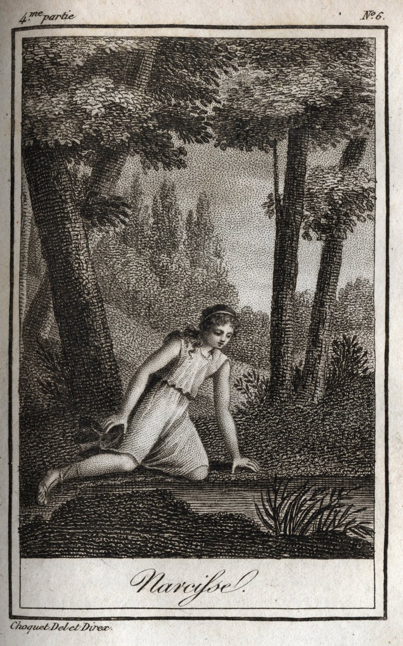 Narcisse a tükörképén gondolkodik (Narciso) Charles Albert Demoustier (1760-1801) „Lettres a Emilie sur la mythologie” című 1819-es metszete. Magángyűjtemény. alkotó: Anonymous Anonymous