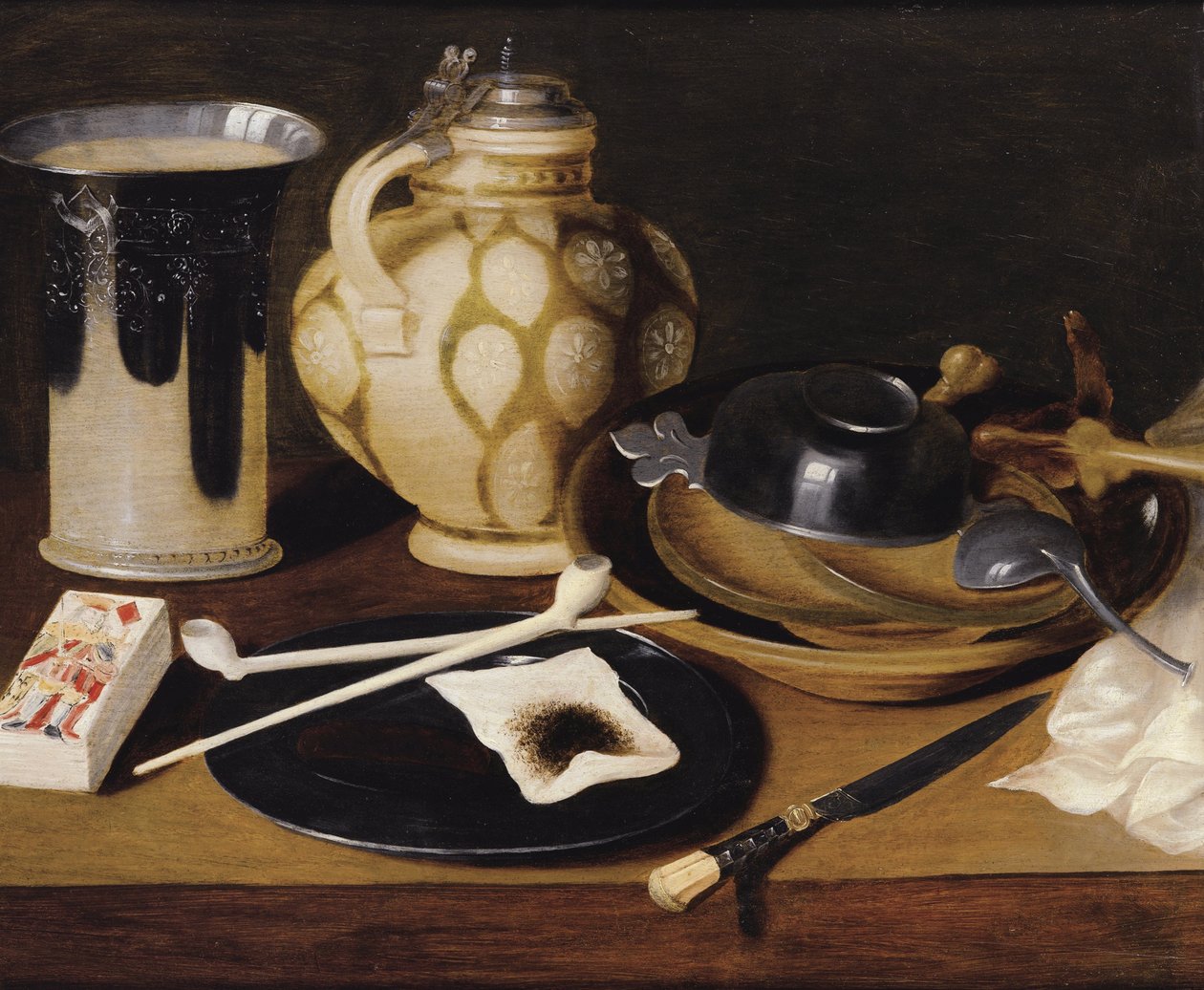 "Csendélet pipával, gyémántok királyával, késsel és kancsóval" Névtelen festmény 1650 körül Olaj, fa, méret 52x64 cm Magángyűjtemény alkotó: Anonymous Anonymous
