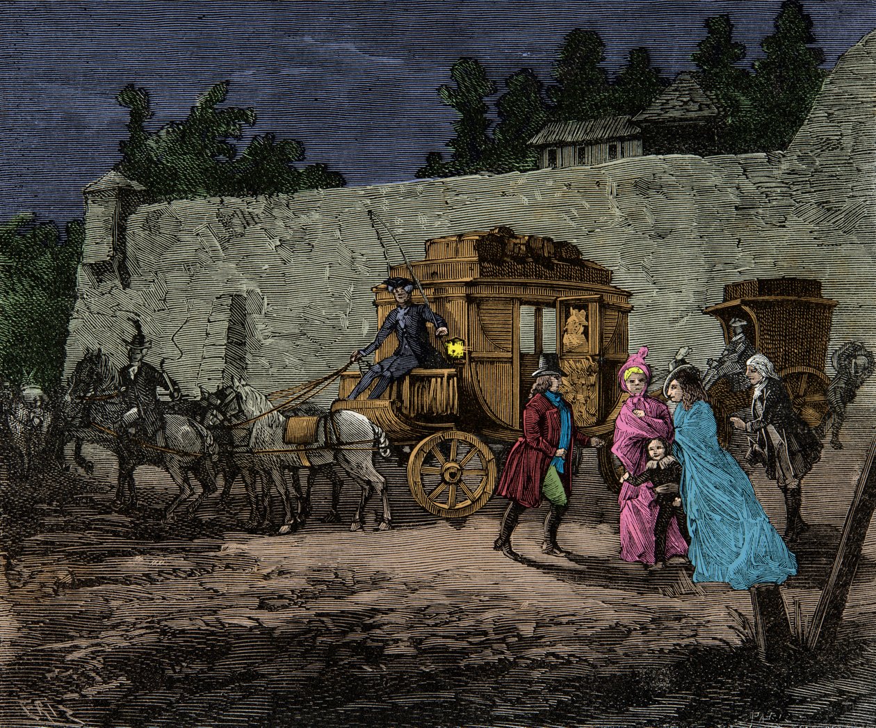 A királyi család éjszakai repülése Varennes-be 1791-ben, Metszet, Magángyűjtemény alkotó: Anonymous Anonymous