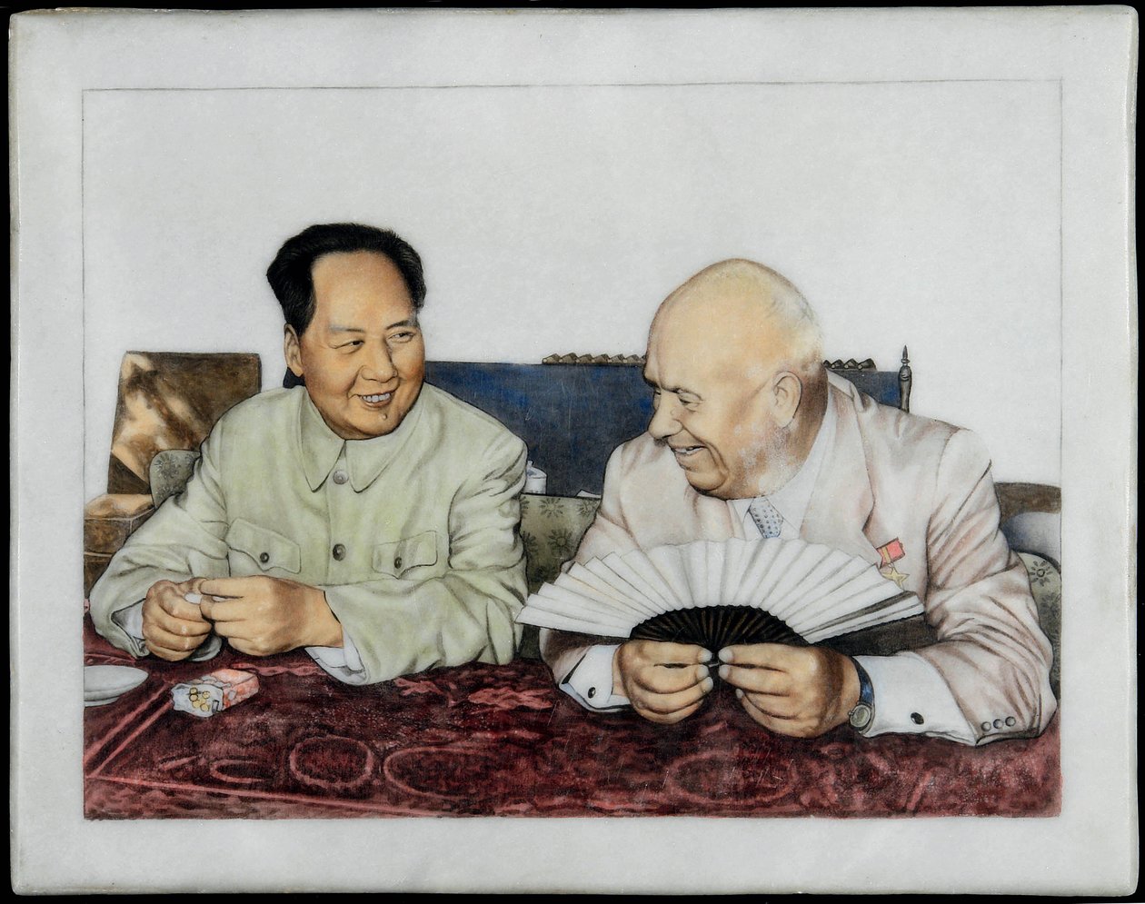 Nyikita Hrouchcsev (1894-1971) és Mao Ce-tung (Tse-Toung, Tse Toung) (1893-1976) - Nyikita Hruscsov és Mao Ce-tung - Névtelen. Porcelán, mázas díszítés, 1960-as évek eleje. Magángyűjtemény alkotó: Anonymous Anonymous
