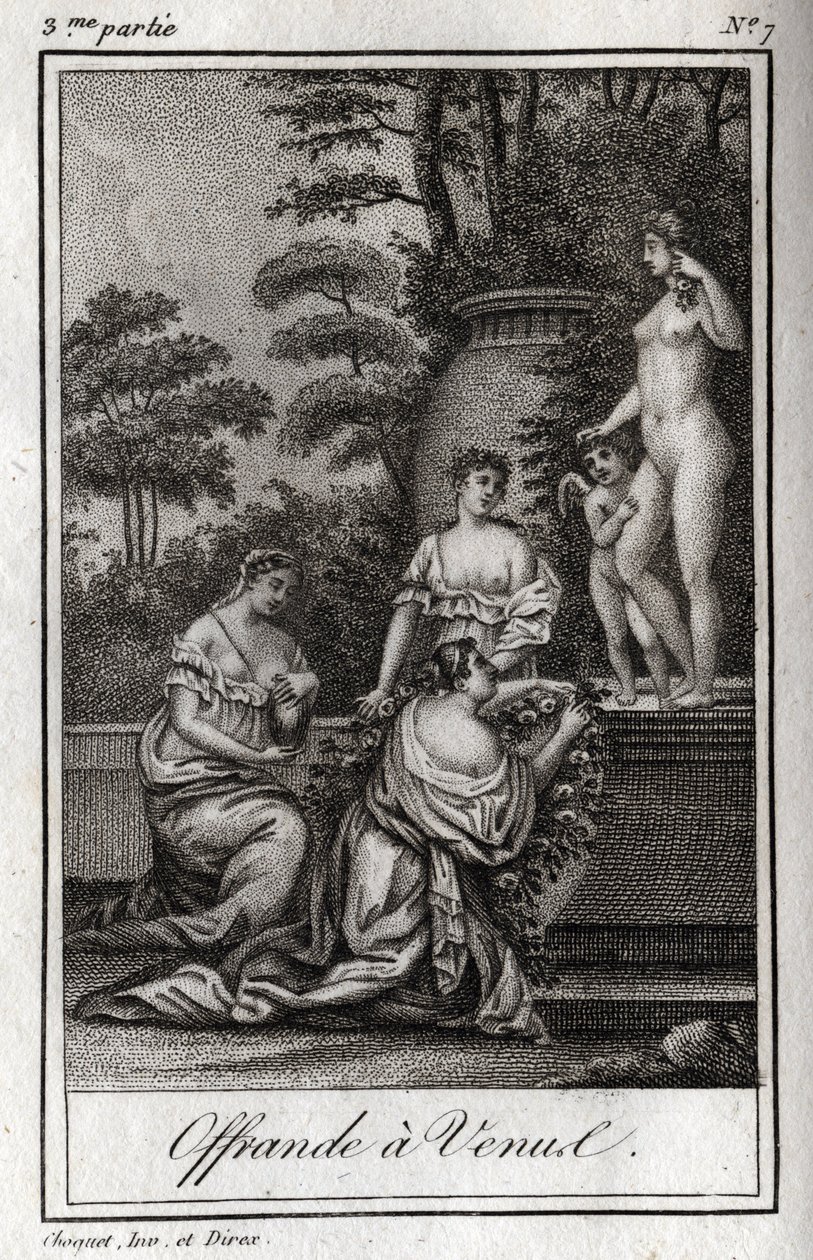 Ajánlat a Vénusznak. A kis szerelmek (angyalkák) összegyűlnek, hogy tisztelegjenek Aphrodité istennő előtt. Metszet 1819-ből Charles Albert Demoustier (1760-1801) „Lettres a Emilie sur la mythologie” című művében. Magángyűjtemény. alkotó: Anonymous Anonymous