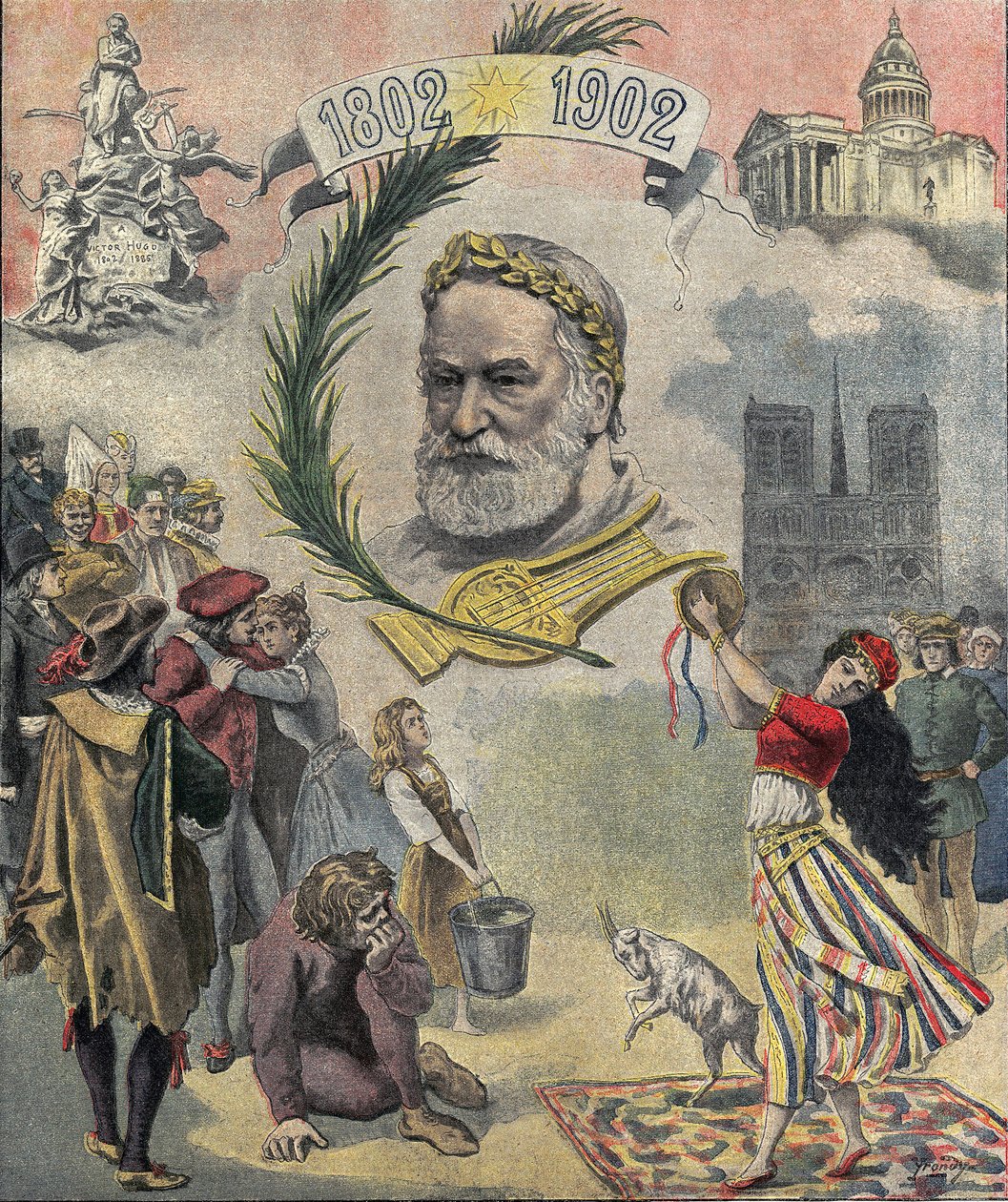 A „Le petit Journal” egyike, amely Victor Hugo (1802-1885) francia költő és író előtt tiszteleg születésének századik évfordulóján. Regényeinek szereplői képviseltetik magukat (Esmeralda, Quasimodo, Cosette). 1902. 02. 03. Magángyűjtemény alkotó: Anonymous Anonymous