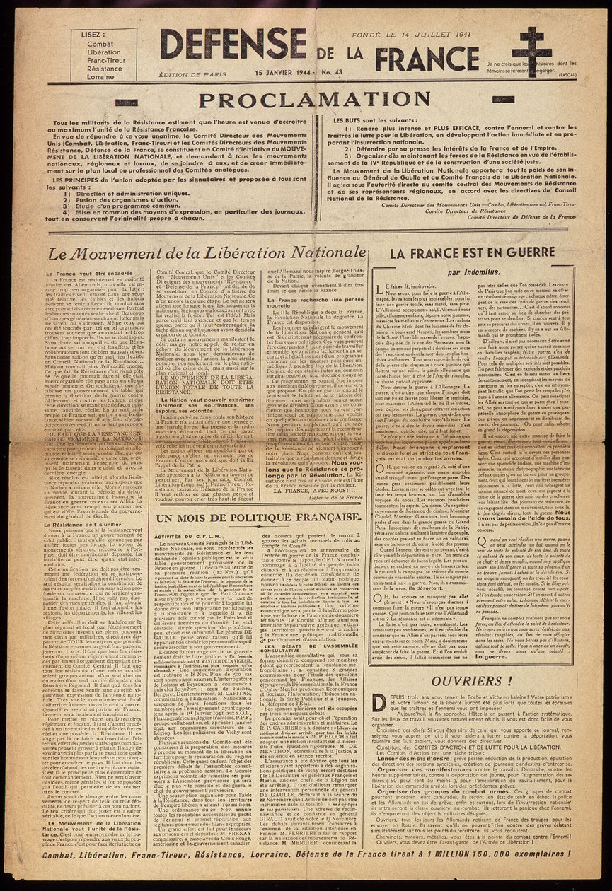 Az 1944.01.15-i „” Défense de France”” egyik titkos újság. alkotó: Anonymous Anonymous