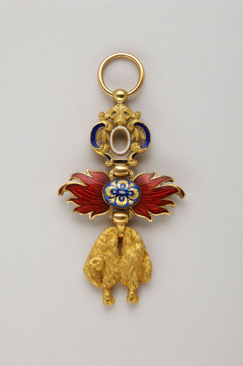 Aranygyapjú rend: Spanyol aranygyapjú - Bourbon XIII Alfonso (Alfonso) (1886-1941), spanyol király (1886-1931) jelvényeinek miniatúrája - 19. század vége - Arany és emálok - H 4,3 cm ; sz 2,4 cm; súly: 8 g - Privát gyűjtemény alkotó: Anonymous Anonymous