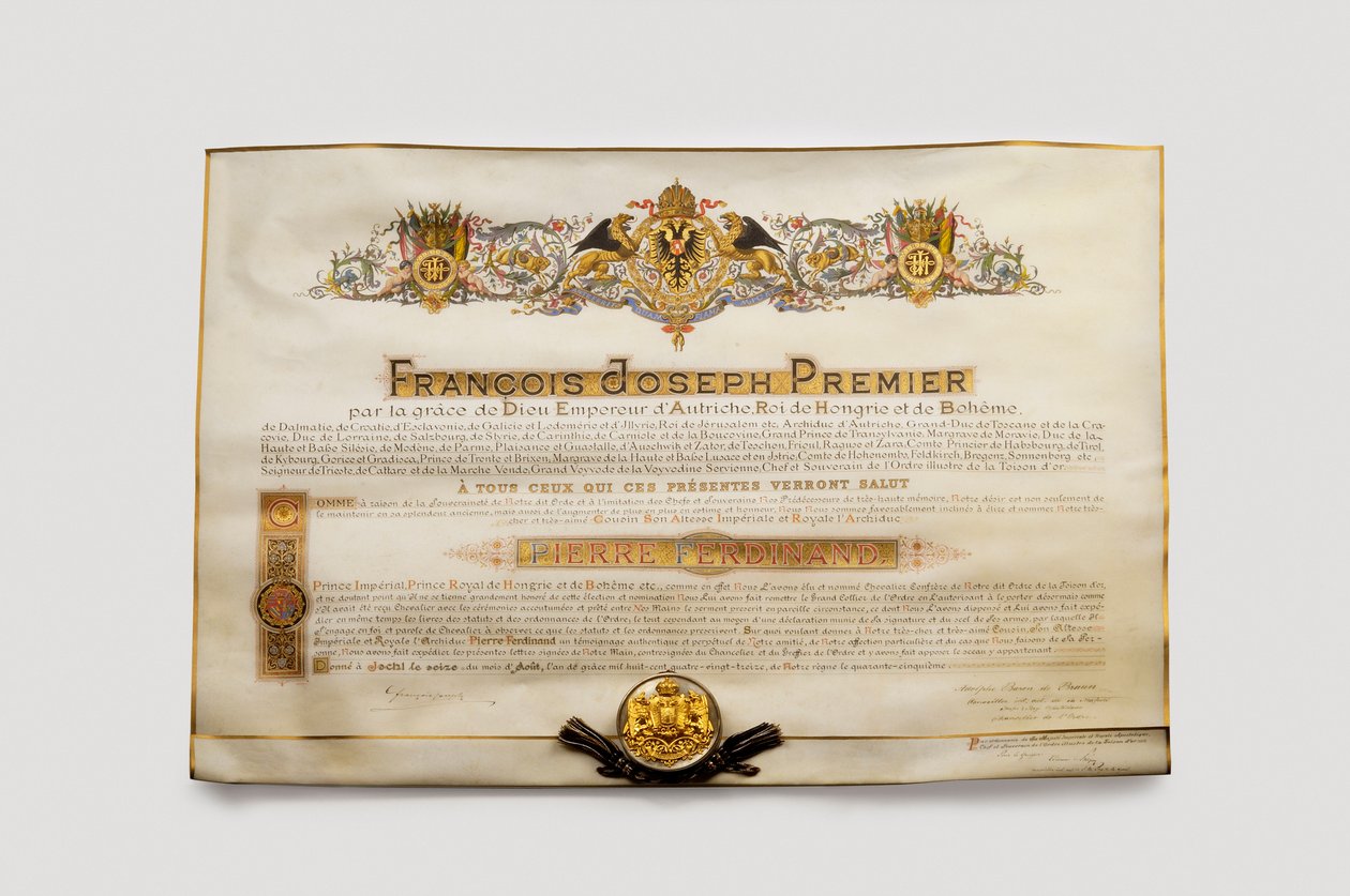 Aranygyapjú rend: Az osztrák aranygyapjú - Pierre Ferdinand (Pierre-Ferdinand) (1874-1948), osztrák főherceg diplomája az Aranygyapjú Rendbe. alkotó: Anonymous Anonymous