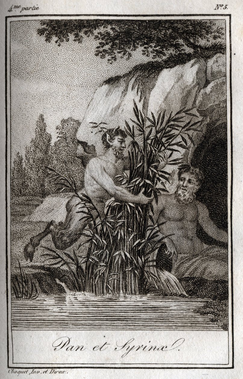 Pan és a Syrinx nimfa náddá változott (Pan és Nymph Syrinx). Metszet 1819-ből Charles Albert Demoustier (1760-1801) „Lettres a Emilie sur la mythologie” című művében. Magángyűjtemény. alkotó: Anonymous Anonymous