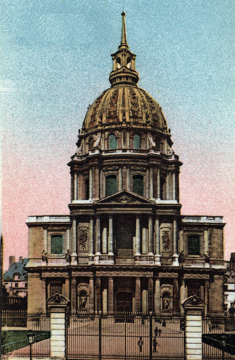 Párizs: Jules Hardouin Mansart (1646-1708) liberális Bruand projektje alapján a Hotel des Invalides kupolájának külső képe. Fénykép 1920-ból Párizs városának „”művészeti albumában”. Magángyűjtemény. alkotó: Anonymous Anonymous