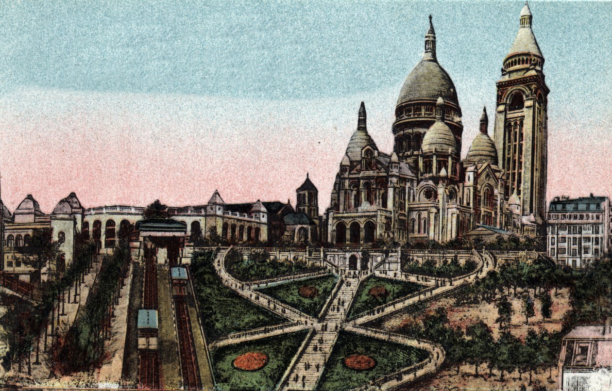 Párizs: sikló és a Sacre Coeur-bazilika (Sacre-Coeur) a Butte Montmartre-on. Fénykép 1920-ból Párizs városának „”művészeti albumában”. Magángyűjtemény. alkotó: Anonymous Anonymous