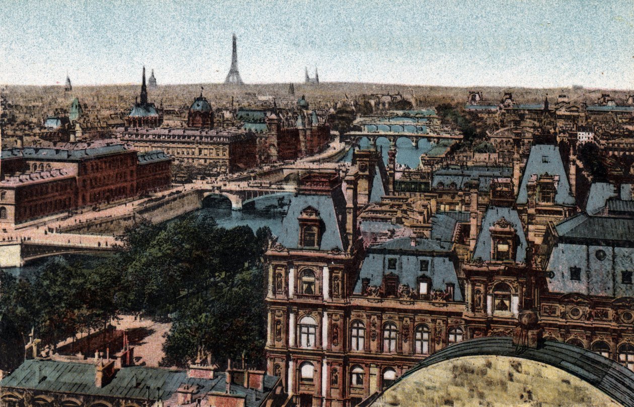Párizs: panoráma a Szajna-parti Huits hidakra, háttérben az Eiffel-torony. Fénykép 1920-ból Párizs városának „”művészeti albumában”. Magángyűjtemény. alkotó: Anonymous Anonymous
