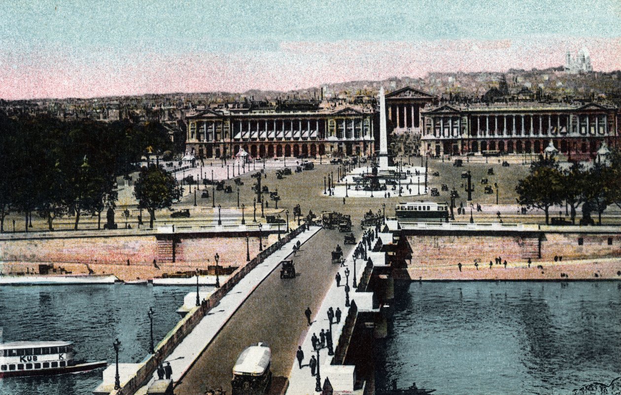 Párizs: panoráma a hídra és a Place de la Concorde-ra, az obeliszk és a Madeleine-templom a montmartre-i Sacre Coeur (Sacre-Coeur) bazilikához vittek. A bal oldalon a jelenlegi Hotel Crillon, a jobb oldalon pedig a Hotel de la Marine alkotó: Anonymous Anonymous
