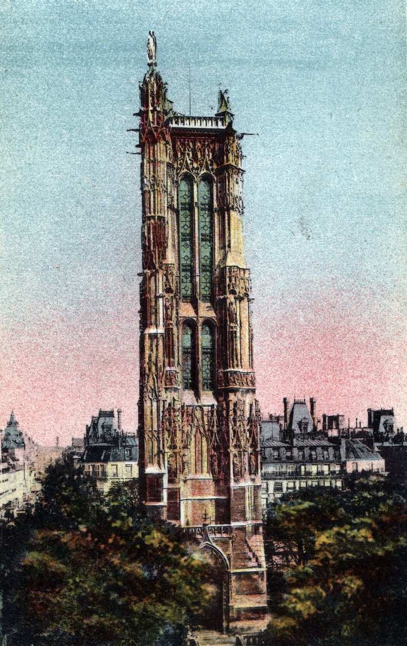Párizs: a Saint Jacques-torony (Saint-Jacques) 1523-ban valósult meg. 1920-as fénykép Párizs város „művészeti albumában”. Magángyűjtemény. alkotó: Anonymous Anonymous