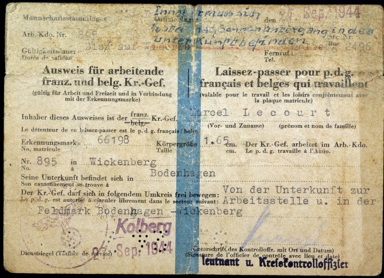 Második világháborús útlevél, dolgozó francia és belga vezérigazgató „útlevele”, 1944.09.25. alkotó: Anonymous Anonymous