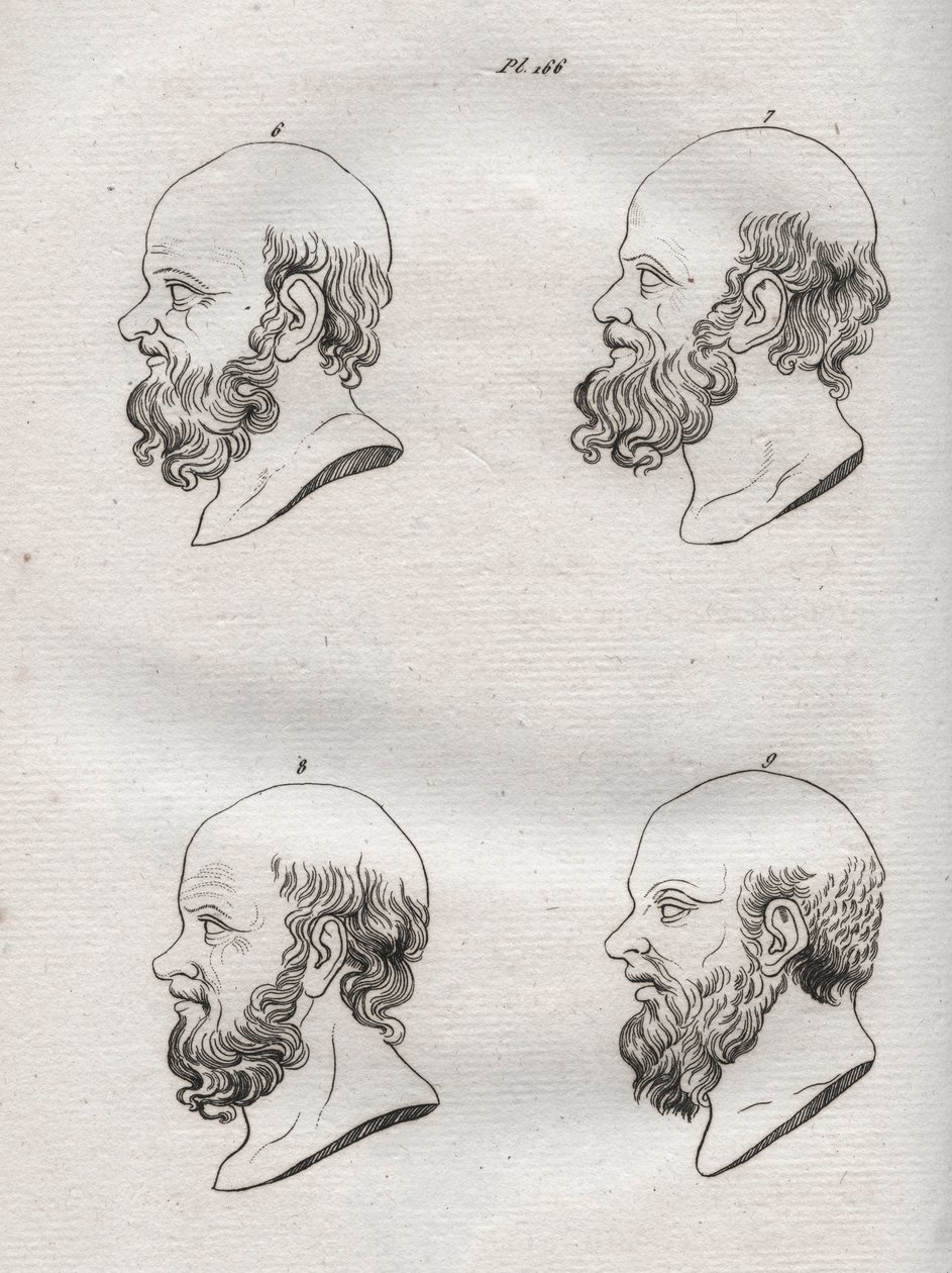 Fiziognómia - Fiziognómia - Szókratész (kb. ie 469-i. e. 399) görög filozófus több feje (Szókratész mellszobra (i.e. 469-399), athéni filozófus) 1808-as metszet „A férfiak megismerésének művészete a fiziológián keresztül” Johann Gaspar (Gaspard) Lavat alkotó: Anonymous Anonymous