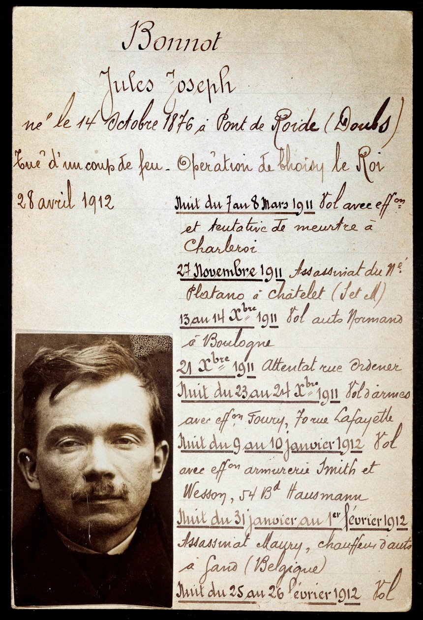 Jules Bonnot (1876-1912) bűnöző (Bonnot zenekar) rendőrségi lapja a bűncselekmények listájával alkotó: Anonymous Anonymous