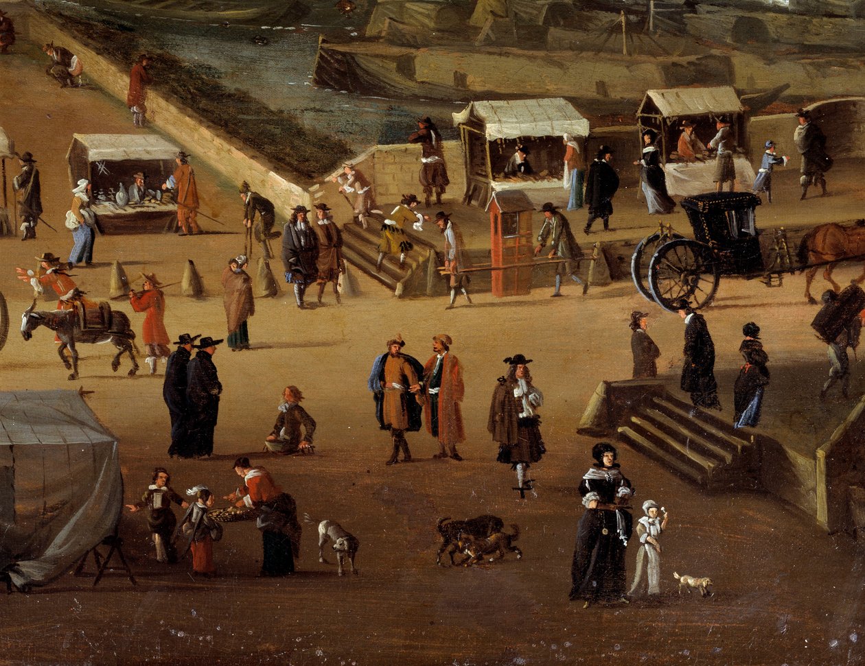 Portásszékek és kereskedés a párizsi Pont Neuf-on a 17. században Részlet. Névtelen festmény. Párizs, Musee Carnavalet alkotó: Anonymous Anonymous